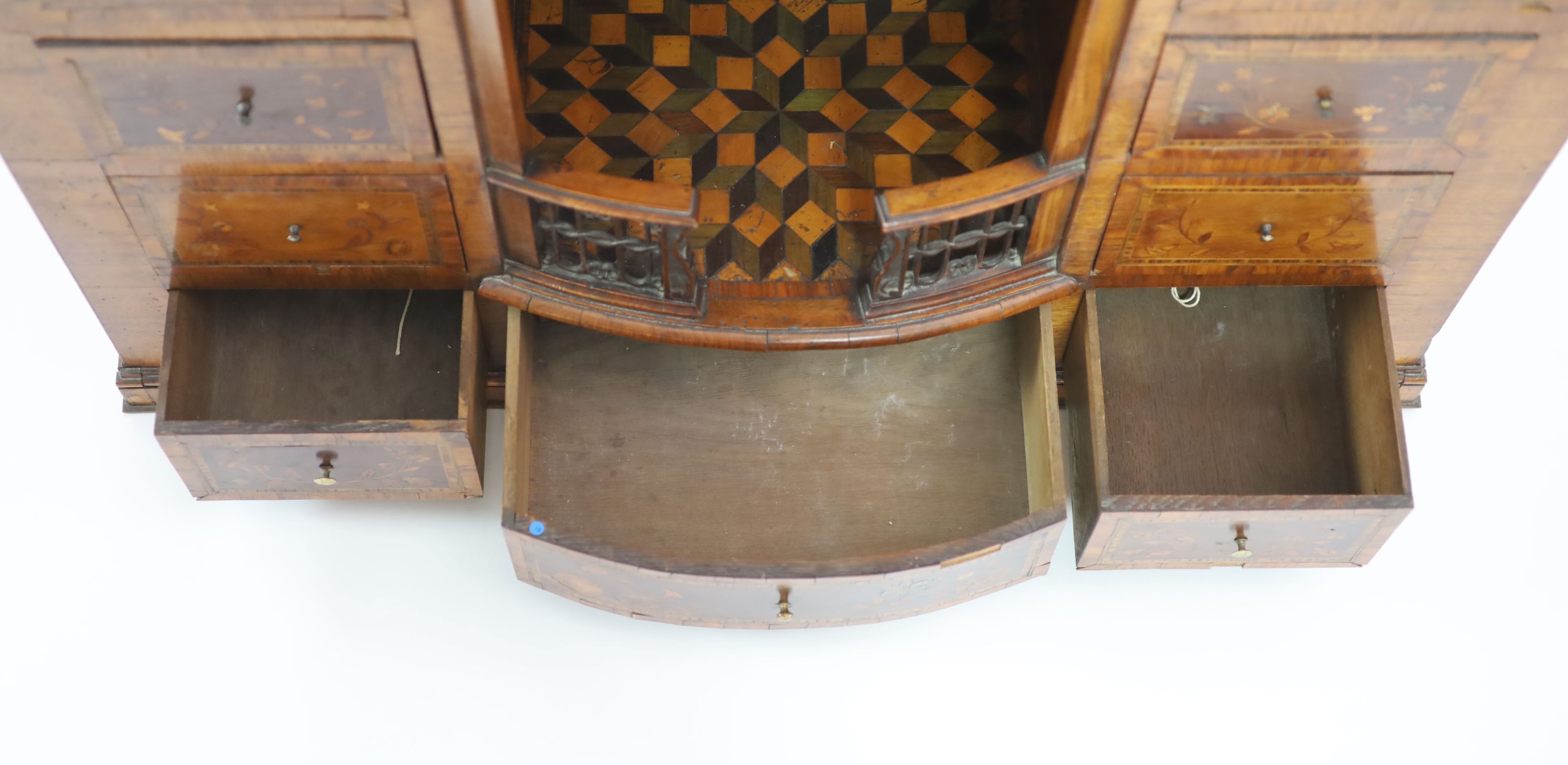 A late 18th century Dutch walnut and marquetry collectors cabinet W 88cm. D 32cm. H 77cm.